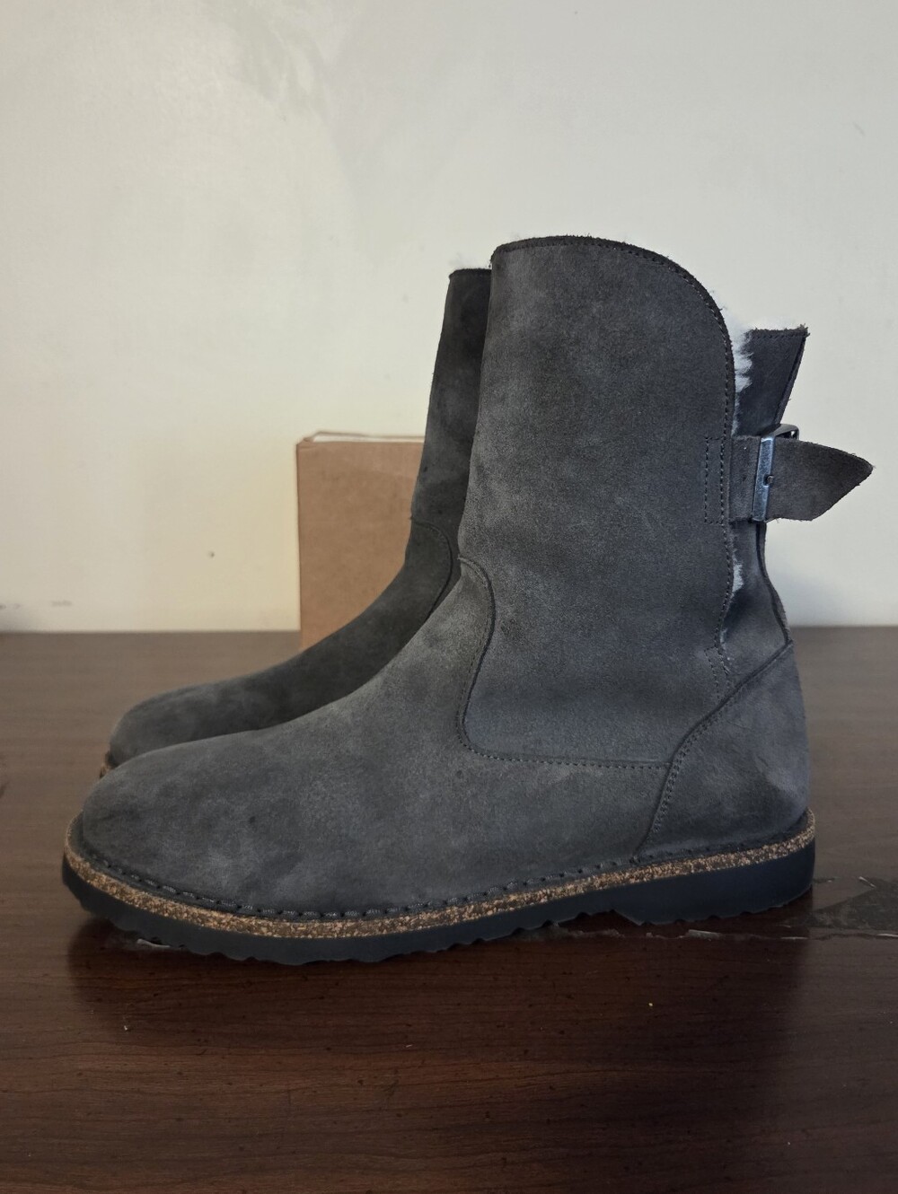 Birkenstock Uppsala Shearling Boots Grey Suede Buckle Womens 11 Mens 9 EU 42
